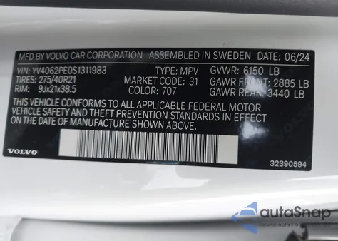 2025 Volvo Xc90 B6 Plus 7-Seater z USA, uszkodzony, nr VIN YV4062PE0S1311983